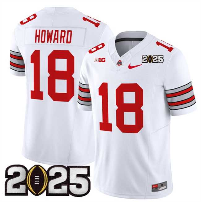 Men%27s Ohio State Buckeyes #18 Will Howard White 2025 CFP Final Patch F.U.S.E. Vapor Limited Stitched Football Jersey
